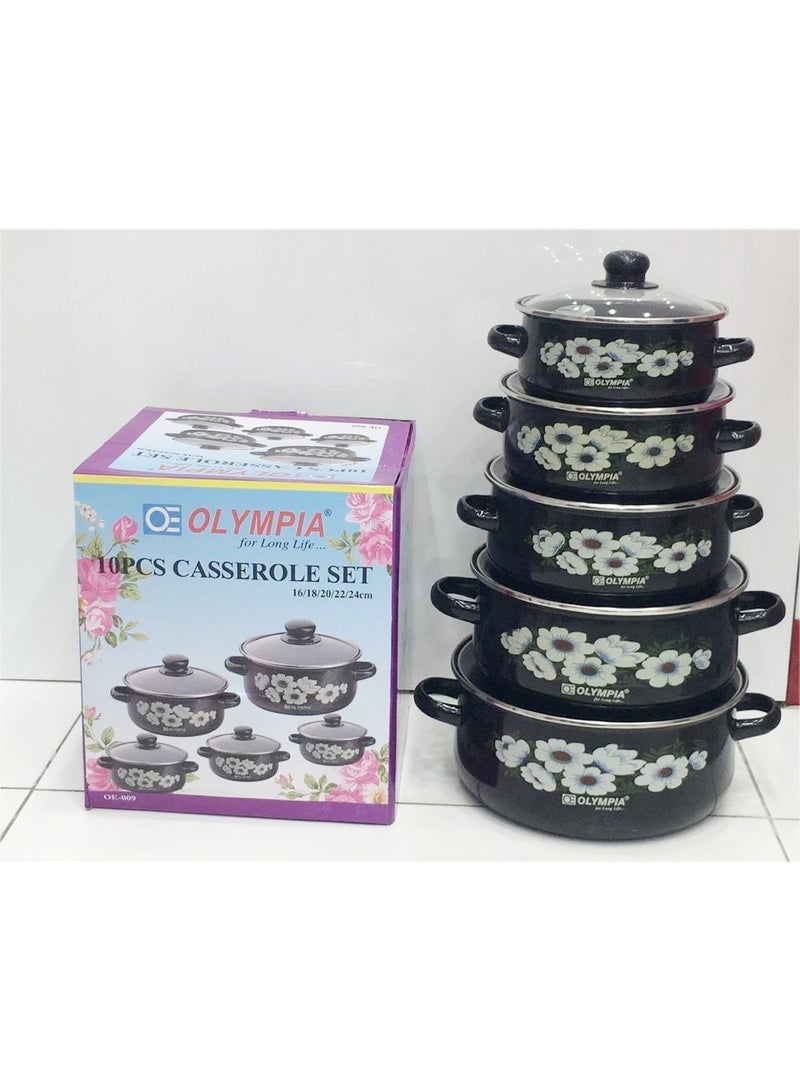 Olympia 10 Pieces Casserole Set Enamel Cooking Pots with Glass Lids, Floral Design, Durable Non-Stick Finish, Heat Resistant Handles, Multiple Sizes for Everyday Home Cooking - Image 4